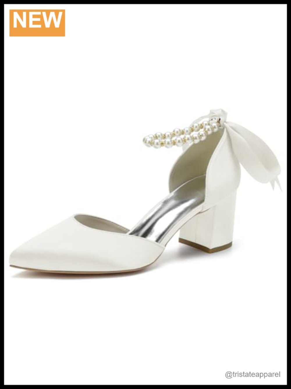 Pointed Toe Satin Pearl Wedding Heels Low Block Heel Bride Shoes with Bow